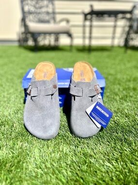 Birkenstock Boston Suede Clog in Dark Gray with Brown Footbed